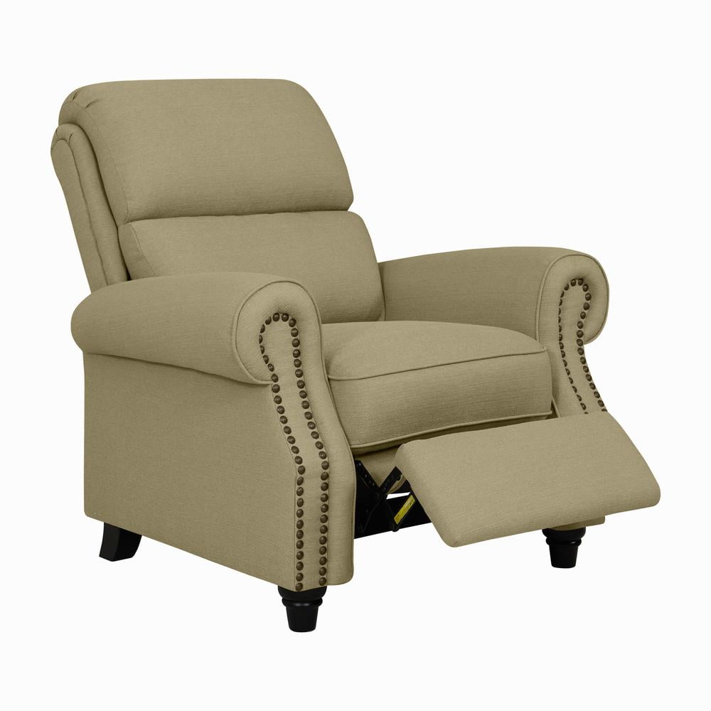 Barley Tan Linen Pushback Recliner with Wood Legs
