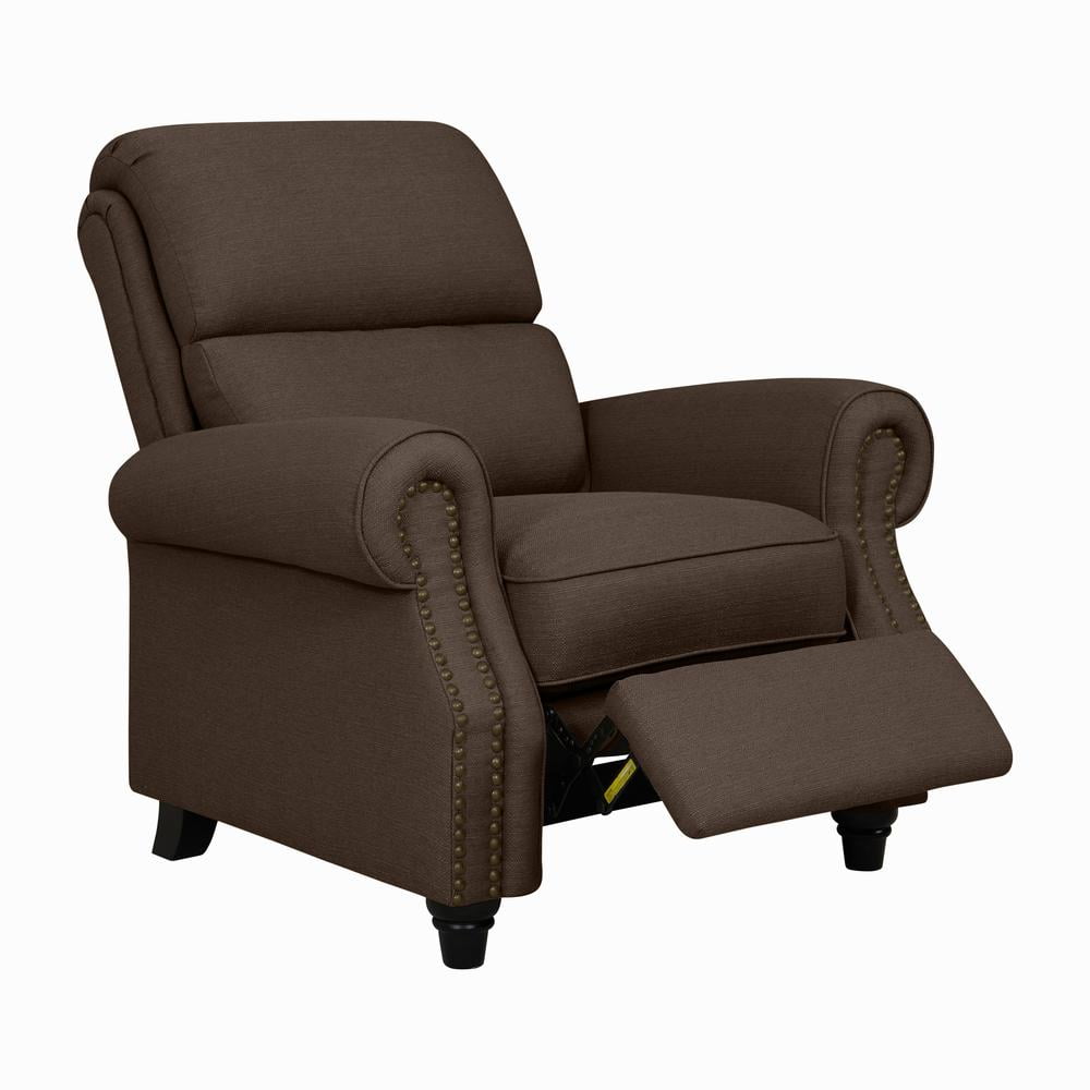 Traditional Brown Linen Recliner with Nailhead Trim and Wood Legs