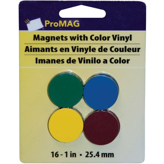 ProMag Round Magnets W/Colored Vinyl-1" 16/Pkg Assorted Colors, Pk 6, ProMag