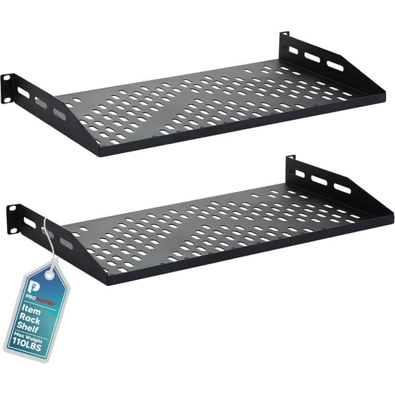 ProMaster Server Vented Shelf - 2-Pack 19 Inches, 10'' Deep, 1U Universal Integration Server Vented Rack Mounting Tray For Good Airflow, Cantilever Mount, Device and Equipment Wall Mounting - Black