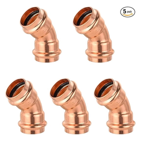 ProPress 45 Degree Elbow Fitting - Zero Lead Copper Press Connectors (1 Inch, 5 Pack) for Plumbing - Reliable, Fast & Watertight Seal