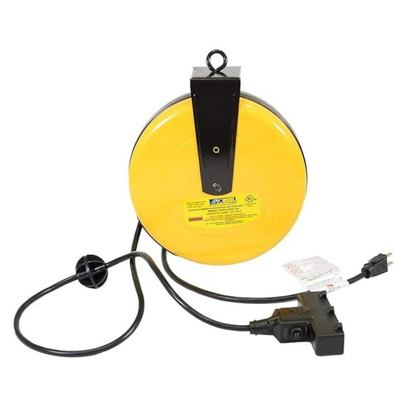 ProReel 5000A-30GF-CB Heavy-Duty Retractable Extension Cord Reel | 30' - 16/3 SJTW Retracting Cord | Tri-Tap Grounded Outlet with Power Light | 10amp Circuit Breaker