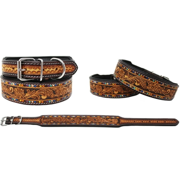 ProRide Medium 17''-21'' Dog Puppy Collar Tooled Painted 100% Cow Leather 60FK35