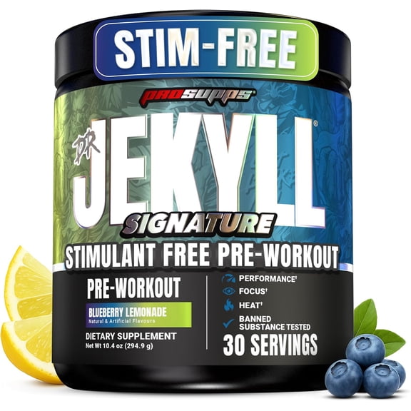 ProSupps Dr. JEKYLL Signature Pre Workout Powder with Creatine, Caffeine Free Focus, Pumps, Strength & Endurance Formula, Blueberry Lemonade Flavor, 30 Servings