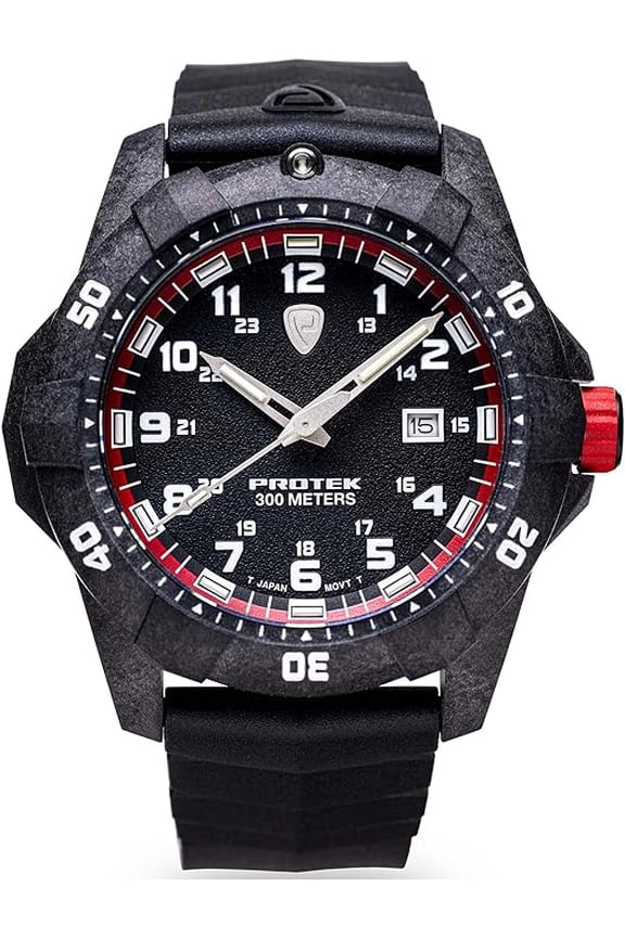 ProTek Dive Series 1002 Watch Carbon Case Red Dial Black Strap PTW1002