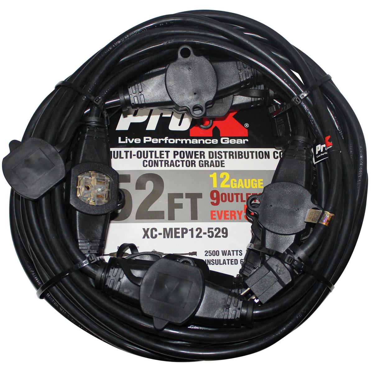 ProX XC-MEP12-529 52' 110V Male to 9 Socket 110V Female Power Cord 9 Outlet 12/3 Extension Cord, Black