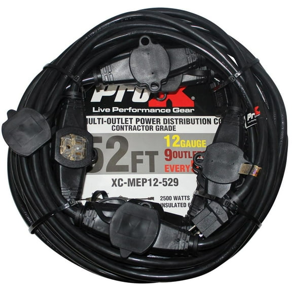 ProX XC-MEP12-529 52' 110V Male to 9 Socket 110V Female Power Cord 9 Outlet 12/3 Extension Cord, Black