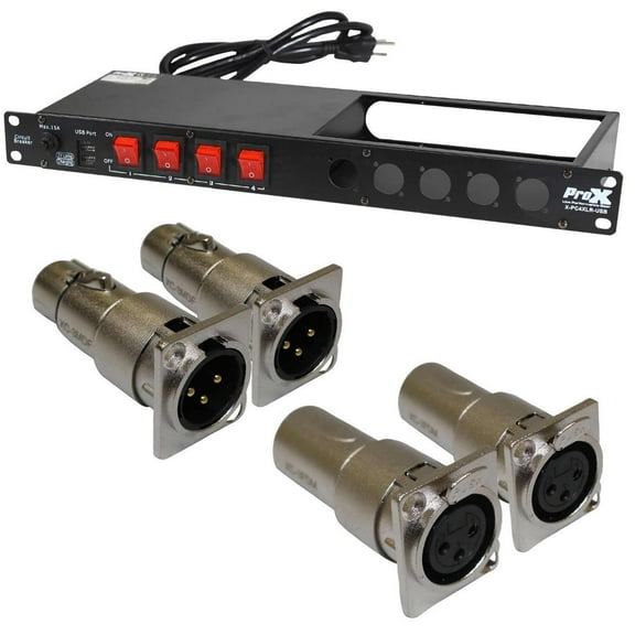 ProX X-PC4XLR-USB 1U 15Amp 4 Channel Circuit Breaker Switch Panel with Panel Mount Adapters Package