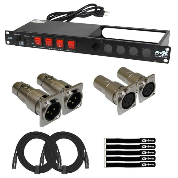 ProX X-PC4XLR-USB 1U 15Amp 4 Channel Circuit Breaker Switch Panel with Panel Mount Adapters & XLR Cable Package