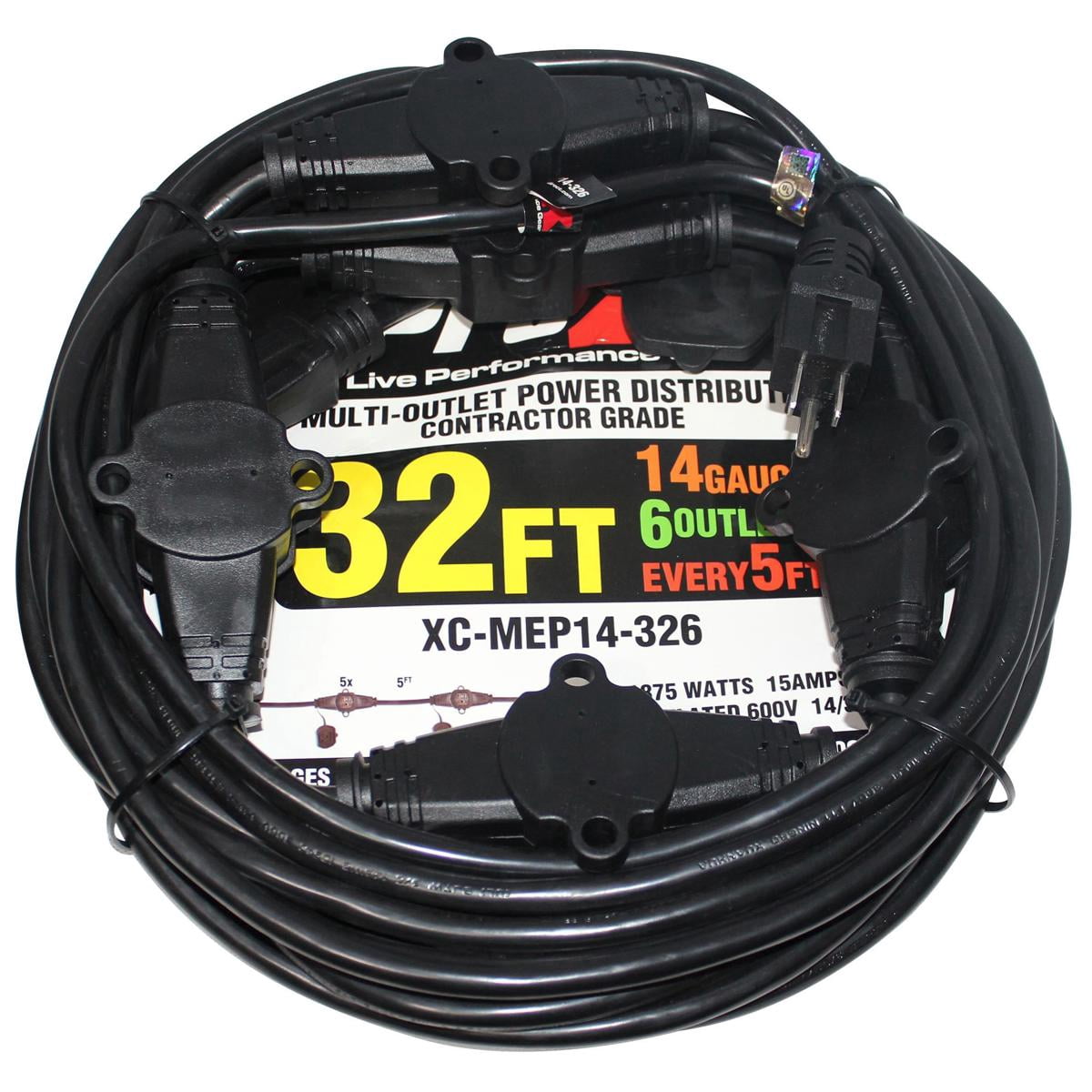 ProX XC-MEP14-326 32' 110V Male to 6 Socket 110V Female Power Cord 6 Outlet 14/3 Extension Cord, Black