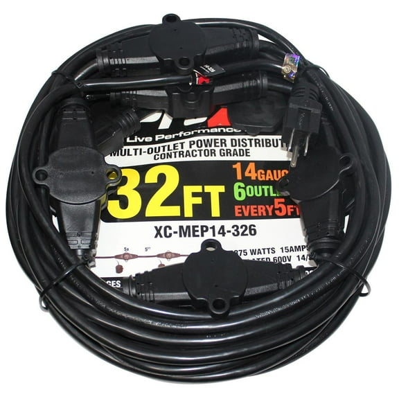ProX XC-MEP14-326 32' 110V Male to 6 Socket 110V Female Power Cord 6 Outlet 14/3 Extension Cord, Black