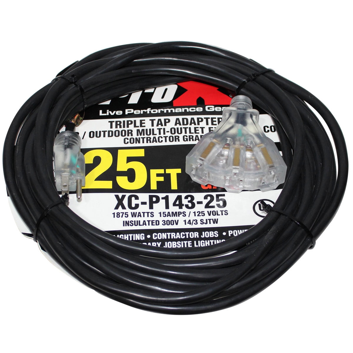 ProX XC-P143-25 25' 14AWG 110V to 110V Female Triple Tap Adapter Power Extension Cord