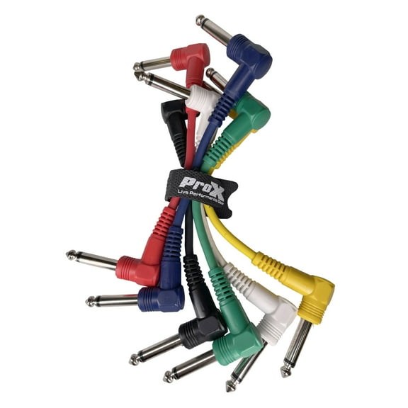 ProX XC-PATCHX6 6-Pack of 6" inch Premium Patch Cables 1/4" TS Male to 1/4" TS Male Right Angle Audio Instrument Pedal Effects Rack Cable