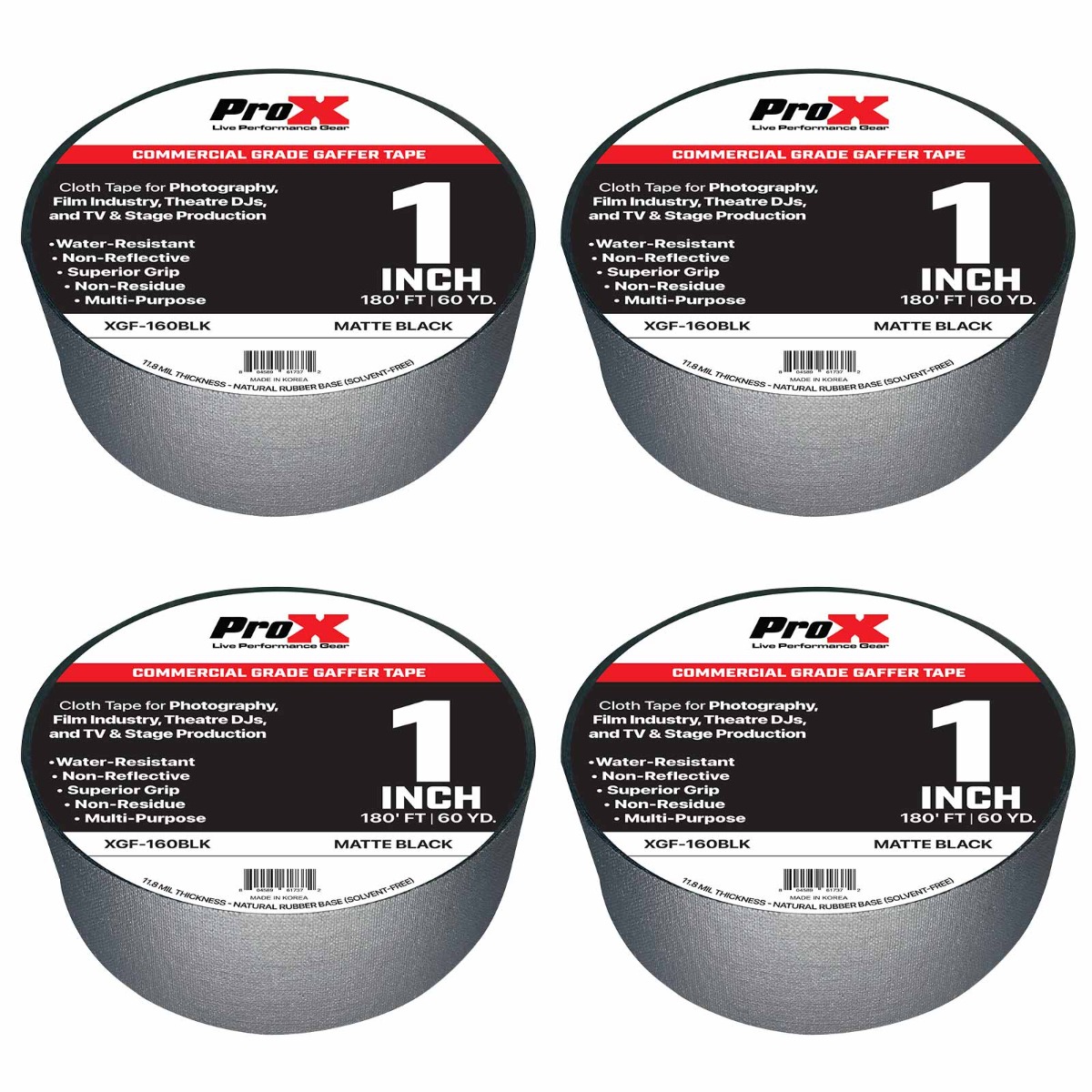 ProX XGF-160BLK 180FT 1" Black Commercial Grade Matte Gaffer Tape 4 Package