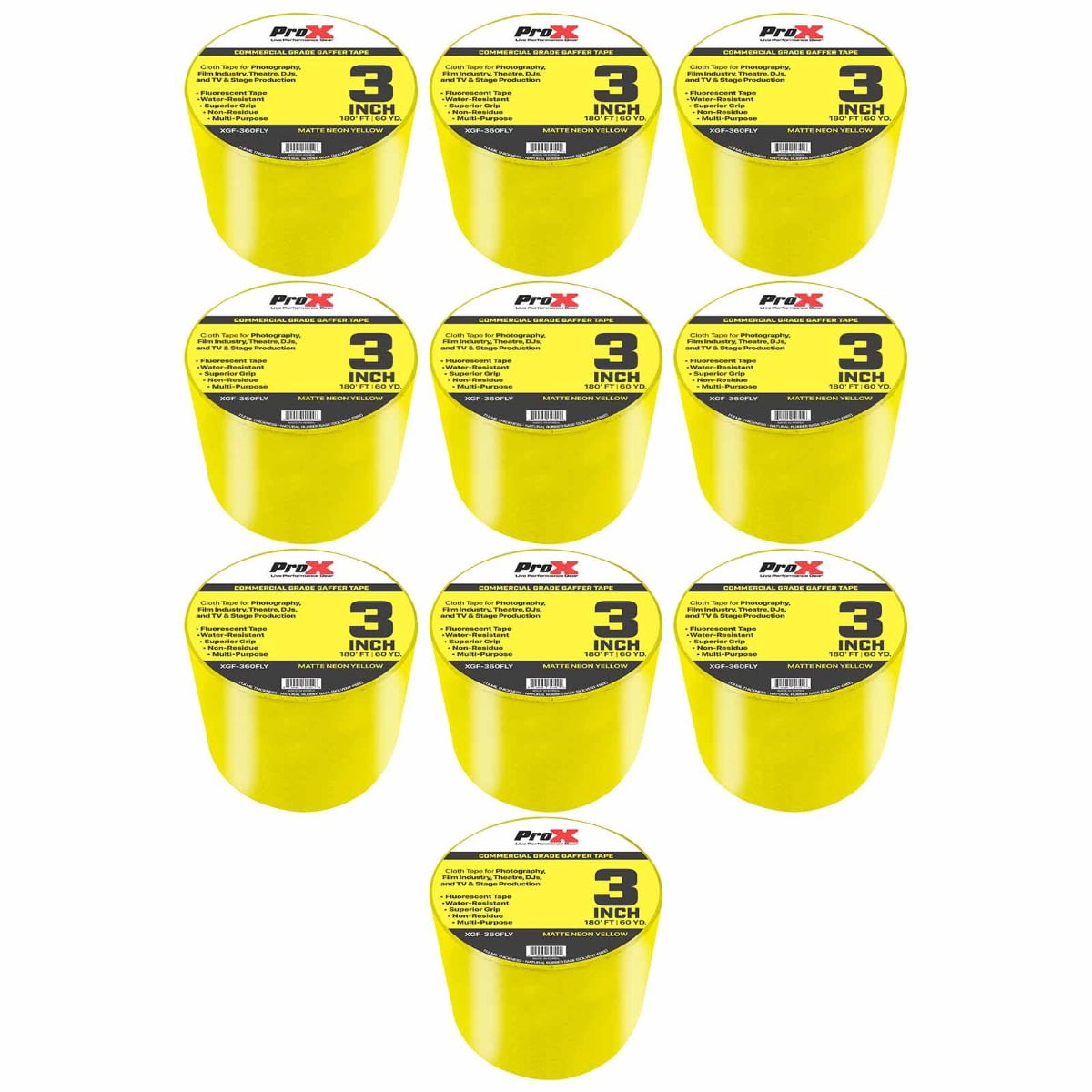 ProX XGF-360FLY 180FT 3" Commercial Grade Fluorescent Yellow Gaffer Tape 10 Package