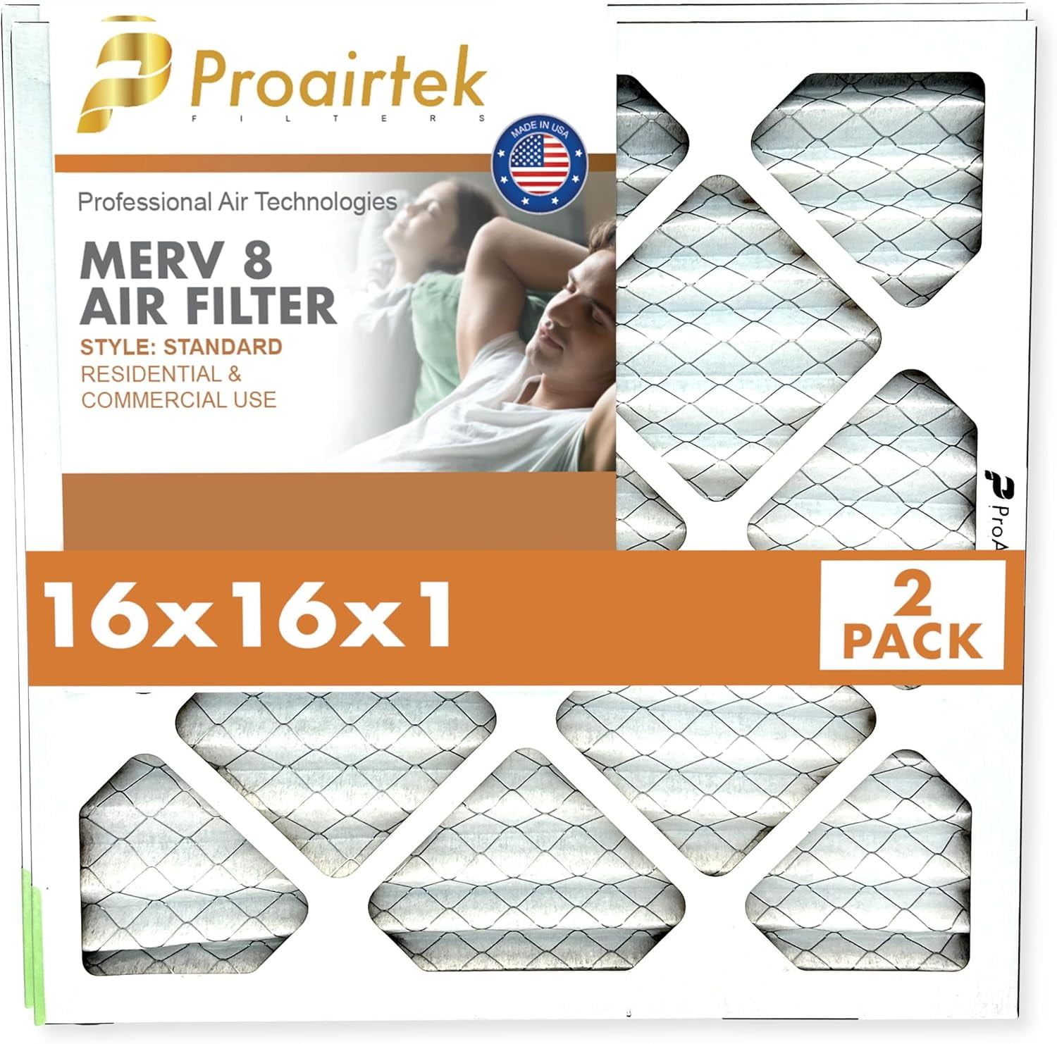 Proairtek AF16161M08SWH Model 16x16x1 Pack of 2 Air Filters, MERV 8; Ideal for Anyone Wanting Clean, Crisp Air in Their Home