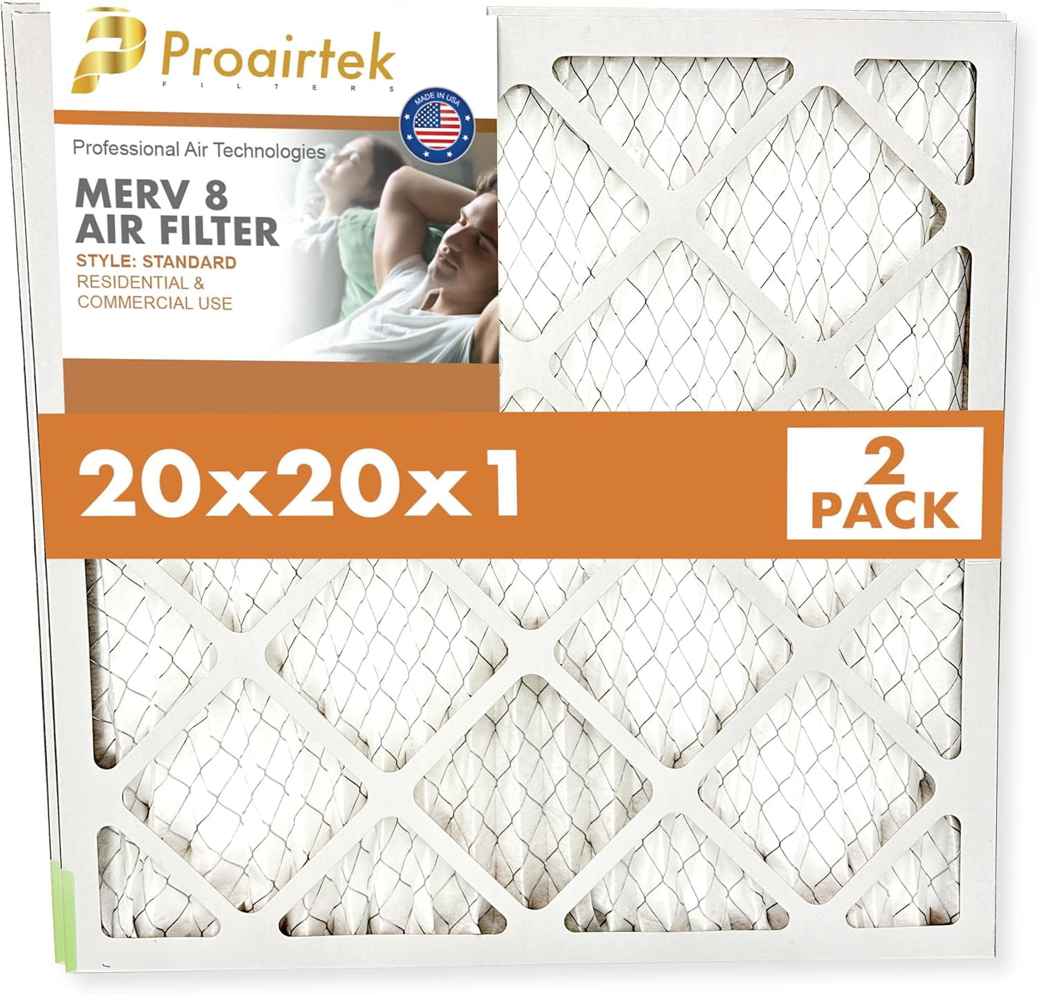 Proairtek AF20201M08SWH Model 20x20x1 Pack of 2 Air Filters, MERV 8; Ideal for Anyone Wanting Clean, Crisp Air in Their Home
