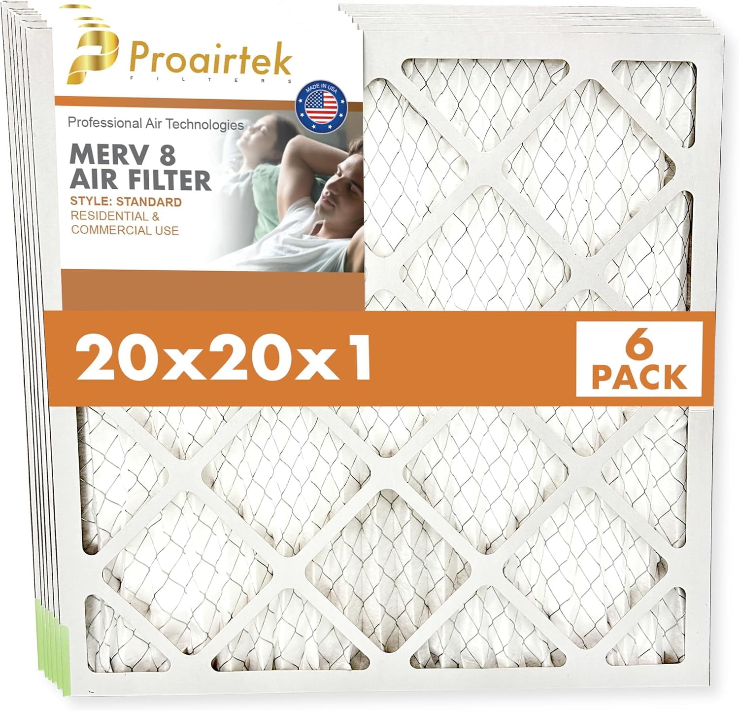 Proairtek AF20201M08SWH Model 20x20x1 Pack of 6 Air Filters, MERV 8; Ideal for Anyone Wanting Clean, Crisp Air in Their Home