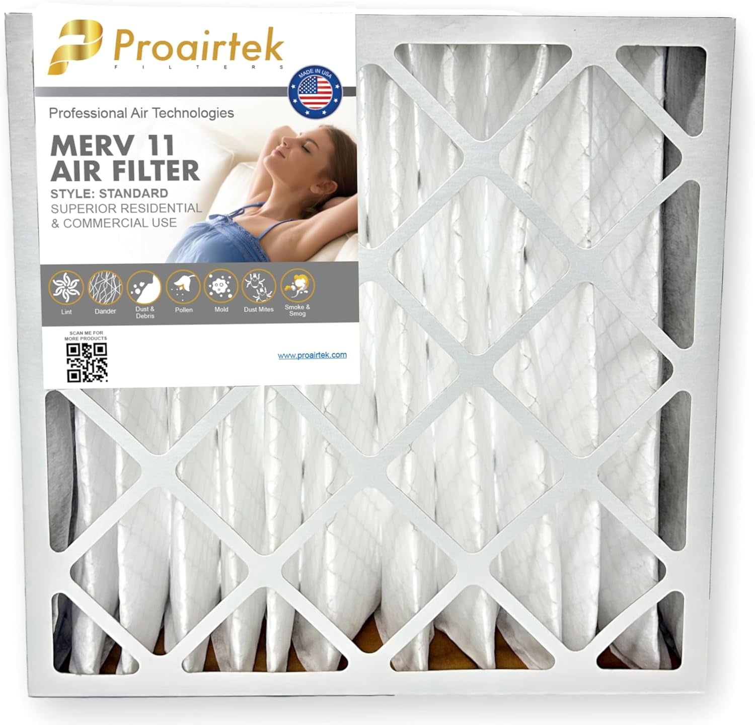 Proairtek AF20204M11SWH Model 20x20x4 Air Filter, MERV 11; Ideal for Anyone Wanting Clean, Crisp Air in Their Home; It Captures Microscopic Airborne Particles Without Impacting Air Flow