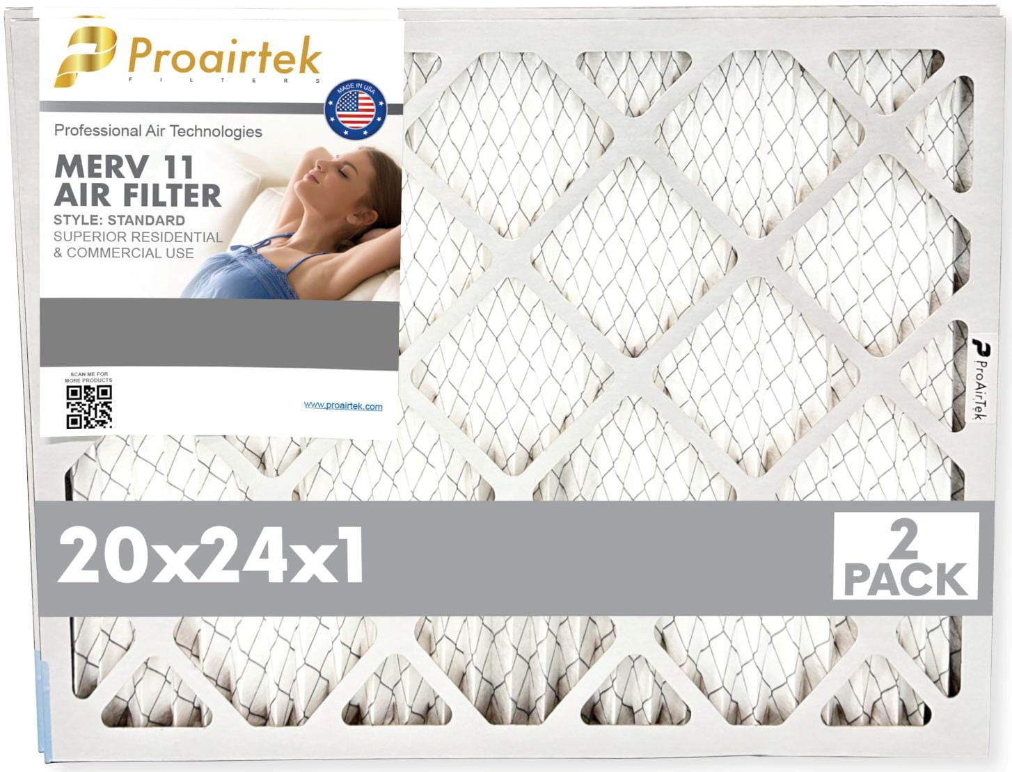Proairtek AF20241M11SWH MERV 11 20x24x1 Air Filters (Pack of 2); Ideal for Anyone Wanting Clean, Crisp Air in Their Home; Offers Enhanced Airflow and Efficiency; High-performance Filtration