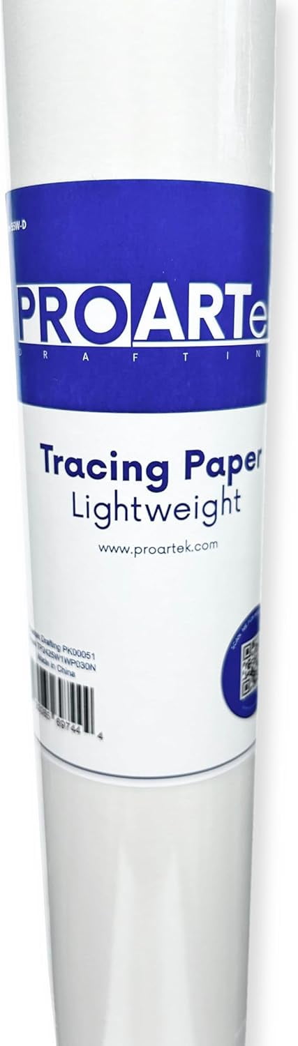 Proartek PK00051 Model TP2425W1WP030N Type 55W-D White Tracing Paper Roll; 24 Inches x 25 Yards; 1-Inch Core; Transparent Surface; Accepts Pencil, Ink, and Marker; 8 lb. Basis Weight