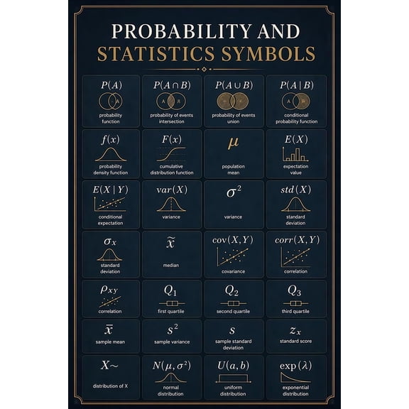 Probability and Statistics Symbols math formulas notation guide wall poster