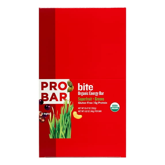 Probar Bite Organic Snack Bars, Super Fruit Plus Greens, 1.62 Oz, 12 Count