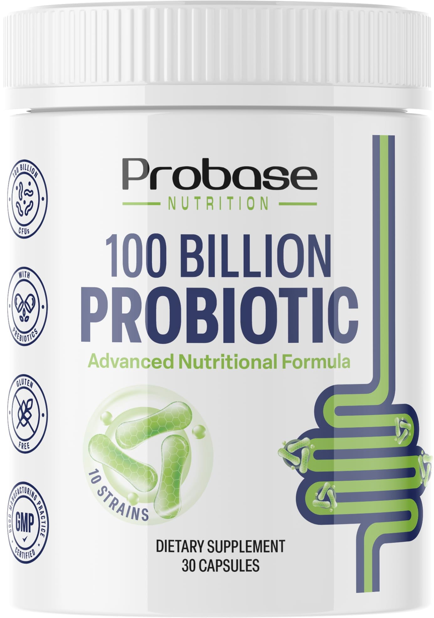 Probase Nutrition Probiotic, 100 Billion CFU, 10 Strains with Prebiotics, 30 Veggie Capsules, Gluten Free for Men and Women, 30-Day Supply