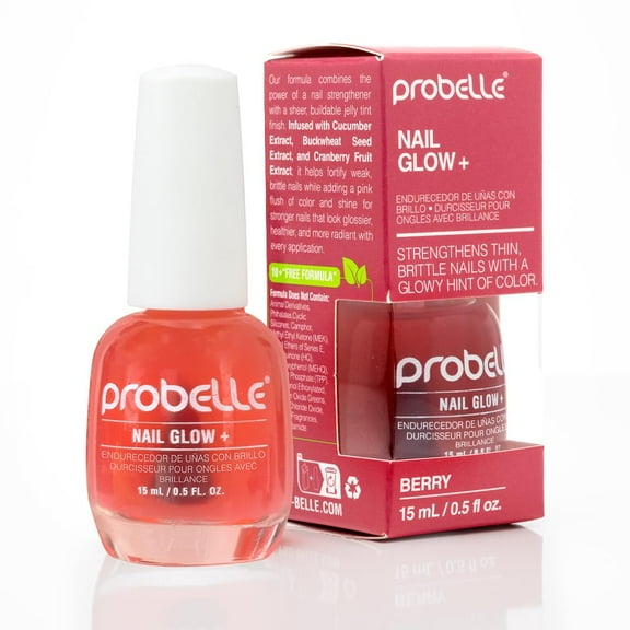 Probelle Nail Glow Nail Strengthener and Hardener with Sheer Jelly Tint, Hard To Resist Ultra Glowy Nail Shine, Tinted Nails Strengthening Blush for Brittle, Thin, Damaged Nails 0.5 oz (Berry)