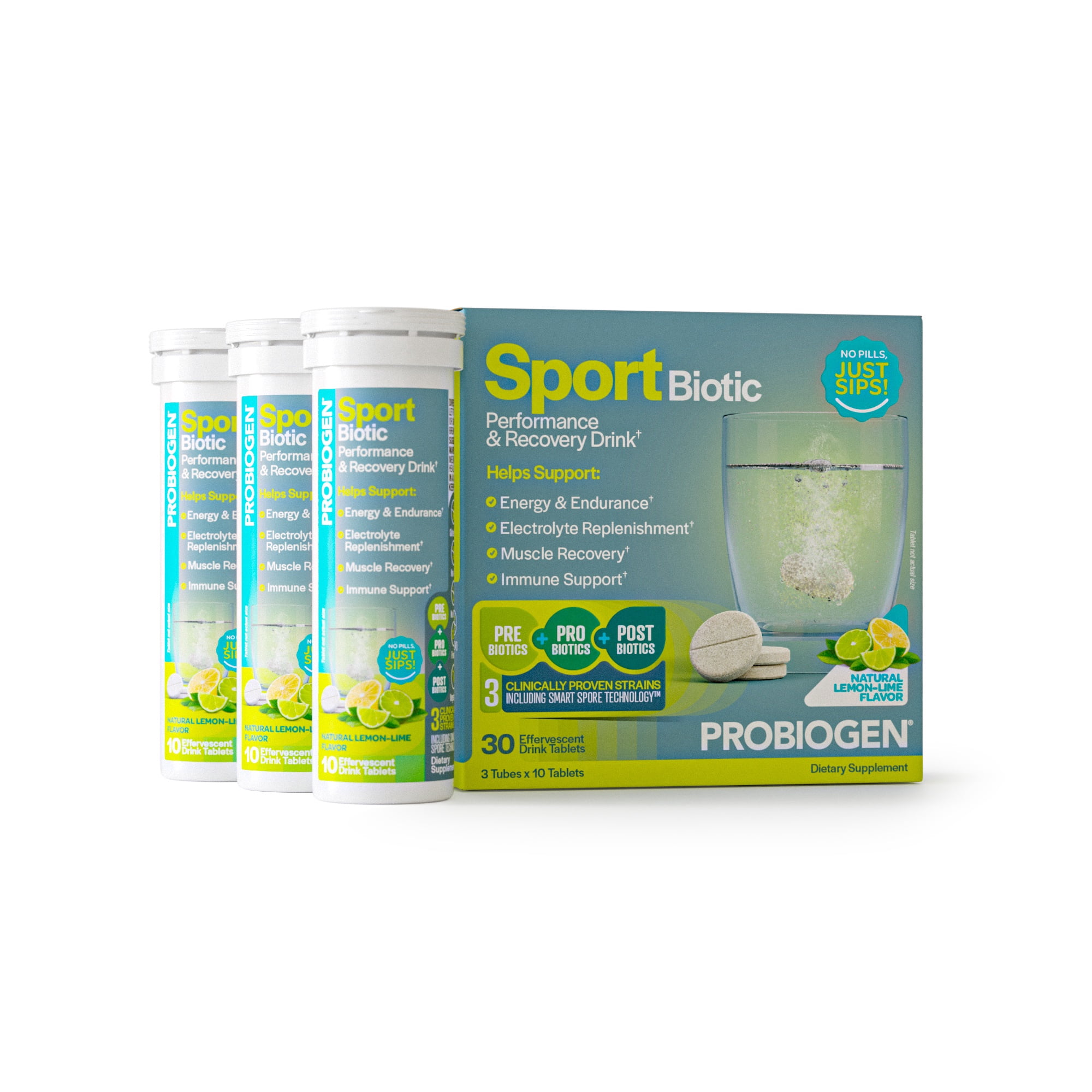 Probiogen Sport Biotic Effervescent Probiotic Supplement Drink Pre Pro Postbiotic + Vitamins for Energy, Endurance & Muscle Recovery, 30 Day Supply