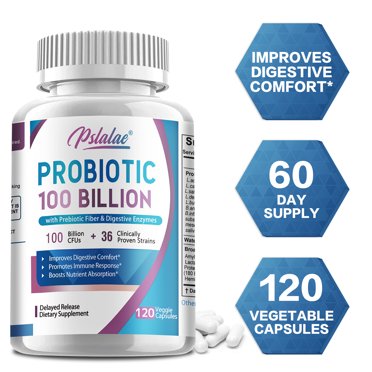 Pslalae Probiotic 100 Billion – Gut Health, Bloating Relief, Prebiotic & Enzymes, 30-120 Capsules