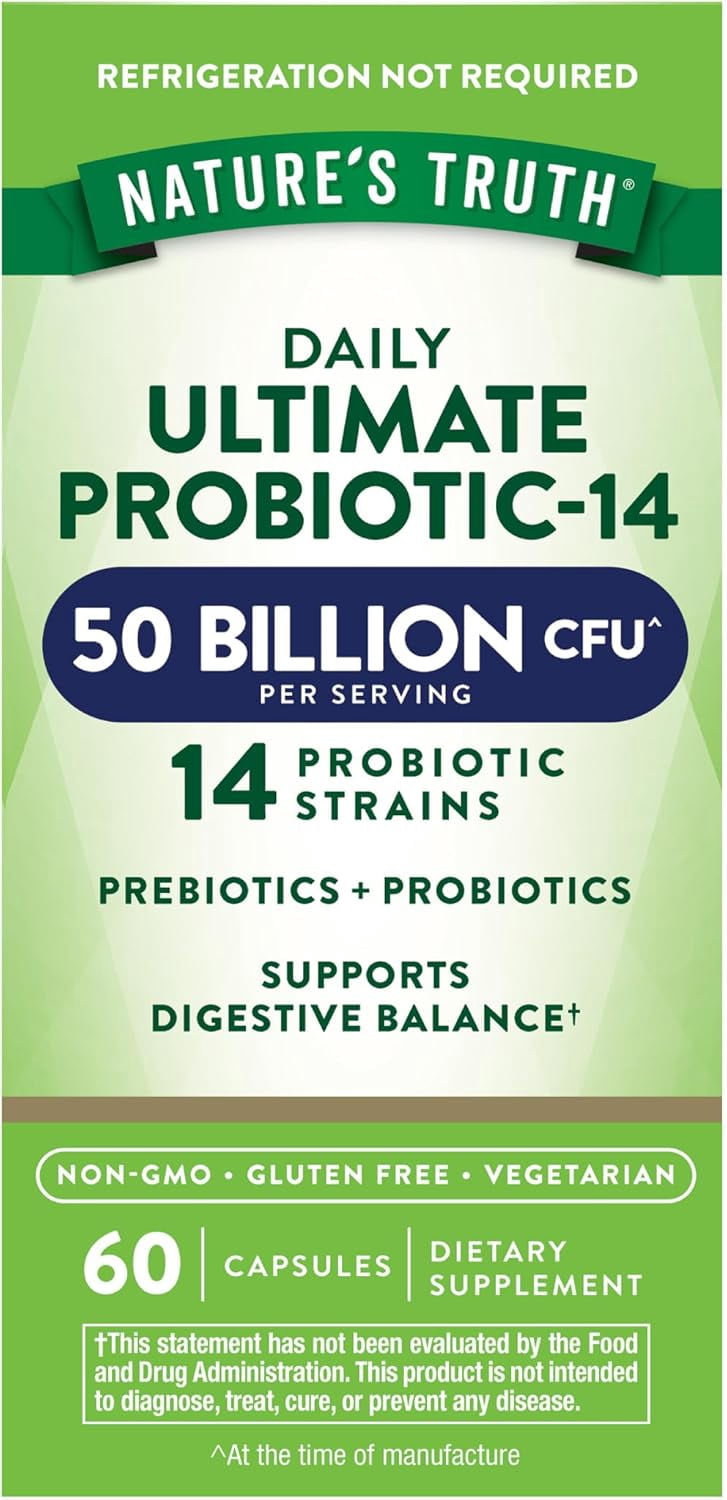 Probiotic | 50 billion CFU | 14 Probiotic Strains | 60 Capsules | 200mg Prebiotics | by Nature's Truth