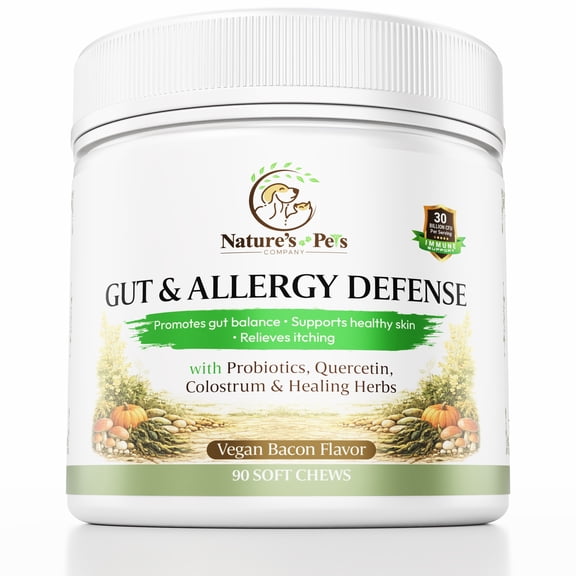 Gut & Allergy Defense Dog Chews, 30B CFU Probiotics +QUERCETIN, SPIRULINA, COLOSTRUM, Medicinal MUSHROOMS, Pumpkin, Turmeric 90 chews, Vegan Bacon Flavor