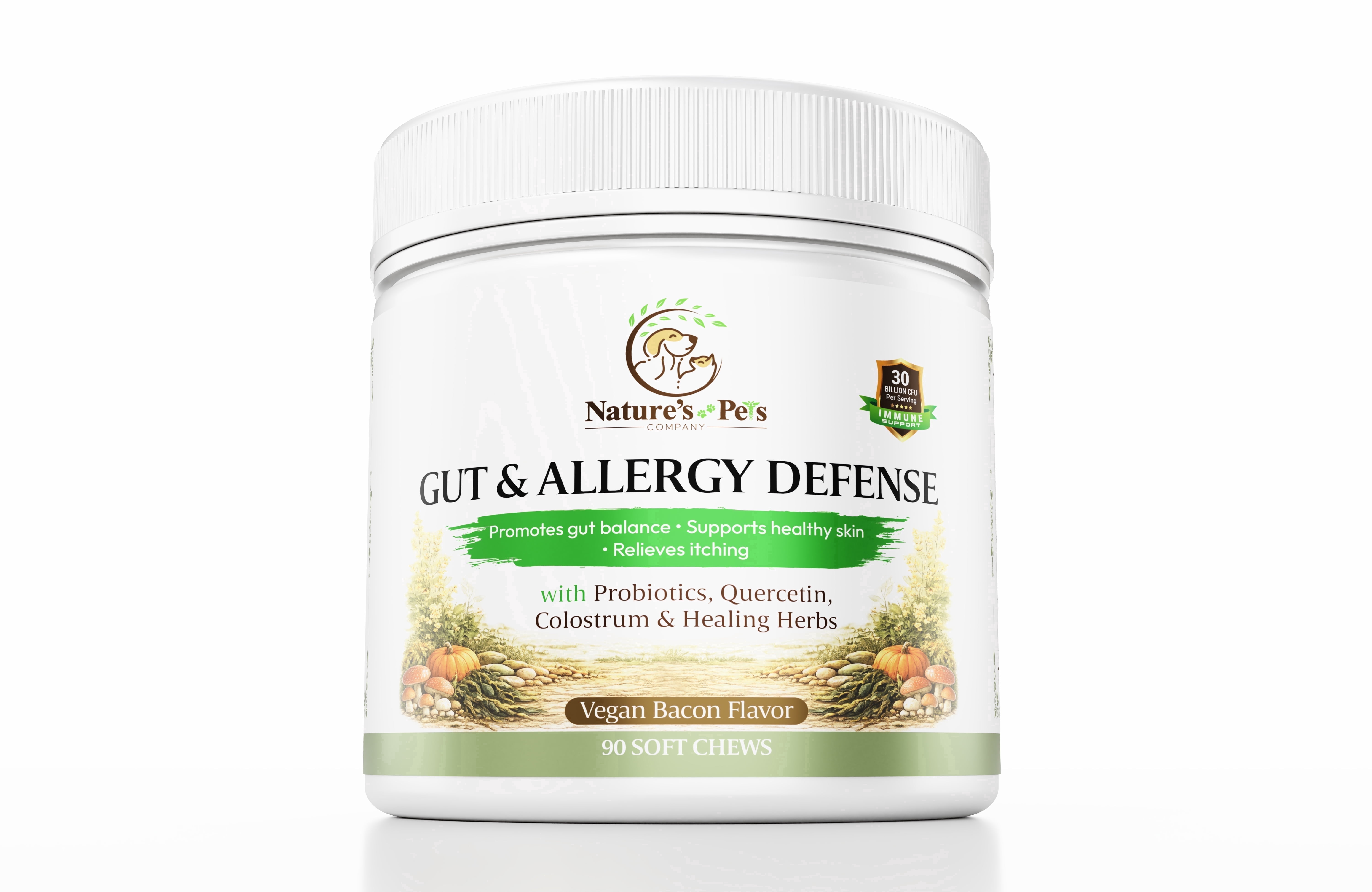 Gut & Allergy Defense Dog Chews, 30B CFU Probiotics +QUERCETIN, SPIRULINA, COLOSTRUM, Medicinal MUSHROOMS, Pumpkin, Turmeric  90 chews, Vegan Bacon Flavor