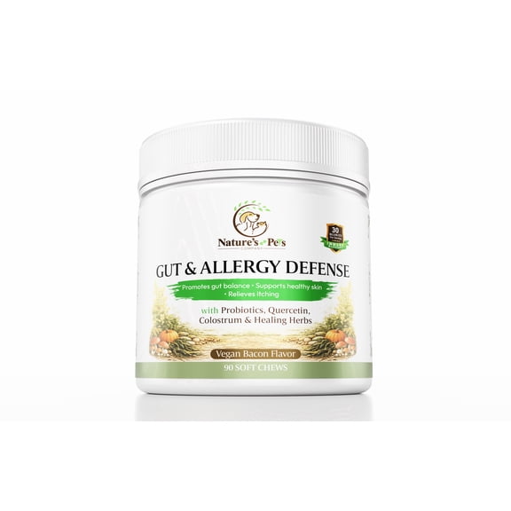 Gut & Allergy Defense Dog Chews, 30B CFU Probiotics +QUERCETIN, SPIRULINA, COLOSTRUM, Medicinal MUSHROOMS, Pumpkin, Turmeric  90 chews, Vegan Bacon Flavor