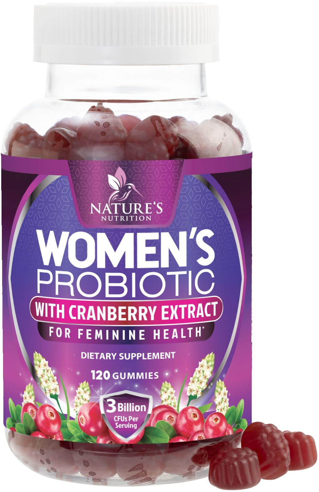 Nature's Nutrition Probiotics for Women Gummies with Cranberry - 6 Premium Strains for PH Balance, Digestive Health, Vaginal & Immune Support, Women's Probiotic Gummy for Feminine Health, 120 Gummies