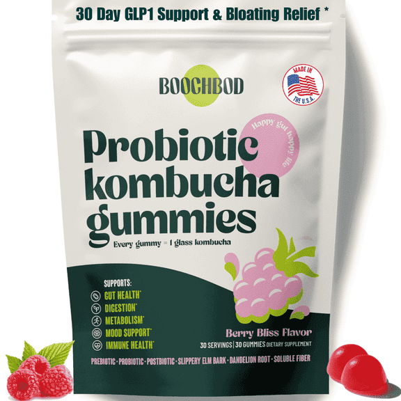 BoochBod Probiotic Kombucha Gummies  Digestive Support with Prebiotics, Probiotics & Fiber, Slippery Elm & Dandelion Root  Adult Daily Gut Health Supplement
