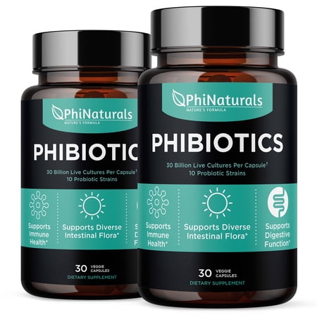 High Potency Probiotics 10 Strains 30 Billion CFUs PhiNaturals – 2 Pack - [30 Vegan Capsules] for Women and Men Digestive Gut Health - Lactobacillus Acidophilus Salivarius Rhamnosus Bifidobacterium