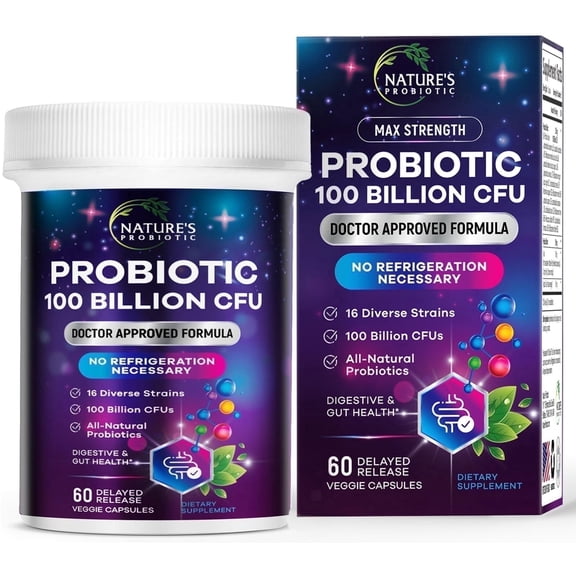 Nature's Probiotic 100 Billion CFU - 16 Diverse Strains - Our Best Probiotic Supplement with Prebiotics for Women & Men - Supports Digestive Health, Gas, & Bloating - Bottled in USA - 60 Capsules
