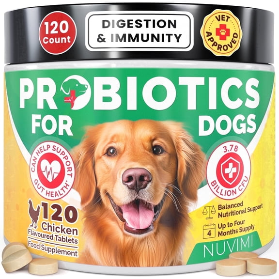 Probiotic Tablets for Dogs (Chicken, 120 Treats), Gut Support - Nuvimi