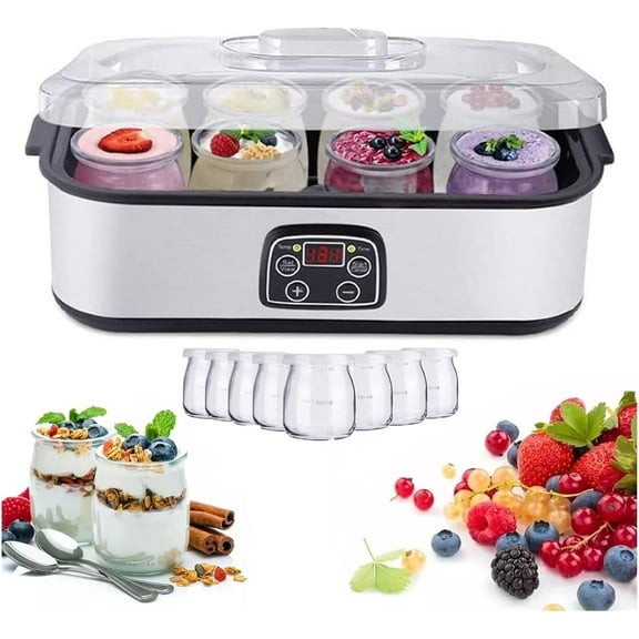 Probiotic Yogurt Maker, Probiotic Yogurt Maker with Adjustable Temperature & Time Control, 1400 ML Ultimate Yogurt Maker with 8 Pcs Glass Jars, Comes with a European to American converter
