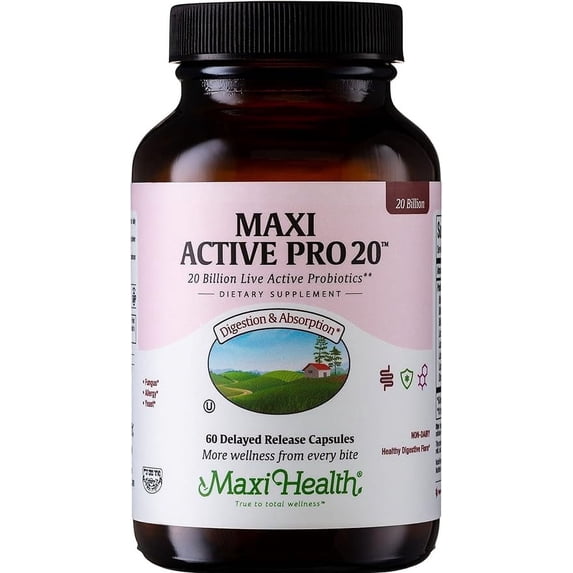 Maxi Health Active Pro 20 probiotics for adults, 15 strains, digestive health support, 60 capsules