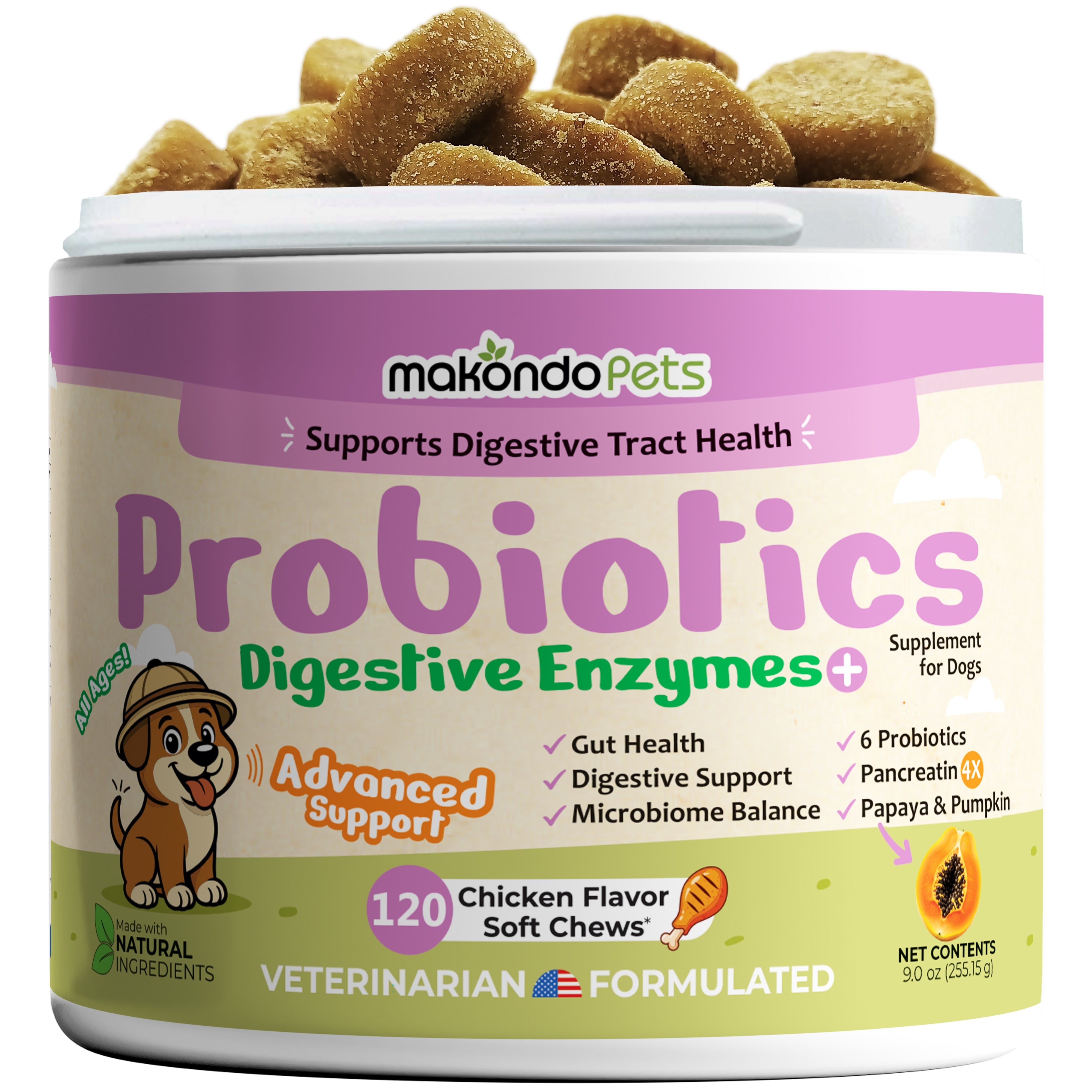 Dog Probiotics + Digestive Enzymes - 120 Soft Chews, Diarrhea & Gas Support