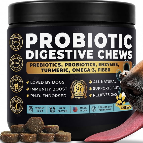 Pup Choice Probiotics for Dogs with Digestive Enzymes, Prebiotics, Fiber & Omega-3 Gut Health & Digestion Support, Beef Flavor Soft Chews, 140 Count
