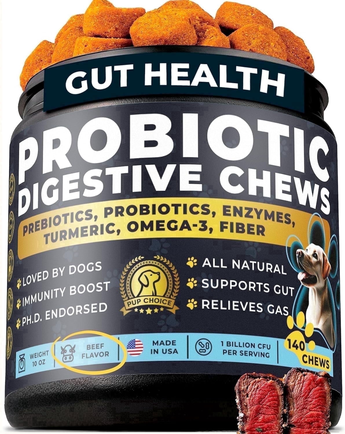 Pup Choice Probiotics for Dogs with Digestive Enzymes, Prebiotics, Fiber & Omega-3 – Gut Health & Digestion Support, Beef Flavor Soft Chews, 140 Count