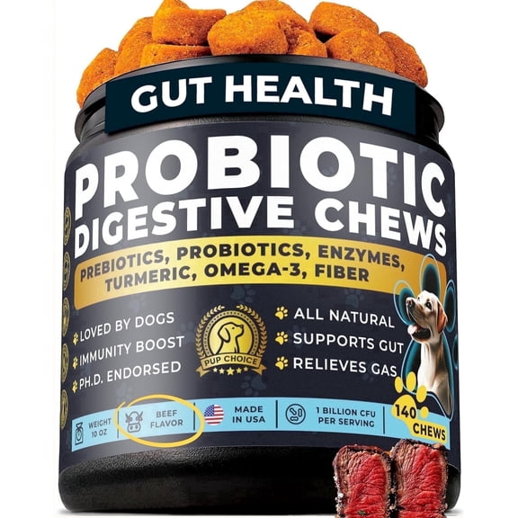 Pup Choice Probiotics for Dogs with Digestive Enzymes, Prebiotics, Fiber & Omega-3 Gut Health & Digestion Support, Beef Flavor Soft Chews, 140 Count