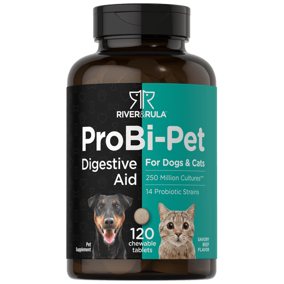 Probiotics for Dogs & Cats | 120 Chewable Tablets | Digestive Aid | Savory Beef Flavored | by River & Rula