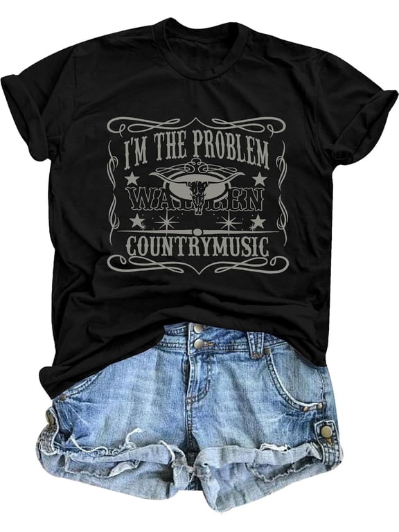 I'm The Problem T-Shirt Retro Steer Skull Western Shirts Country Music Tees Cowgirl Graphic Cowboy Tops,short sleeve casual shirts for women,womens short sleeve shirts casual