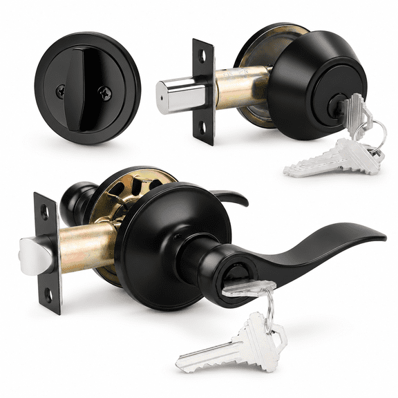 Probrico Entry Door Lever and Single Cylinder Deadbolt Set, Keyed Alike Door Lock Handleset Combo, Reversible Wave Lever, Adjustable Latch, Black Finish