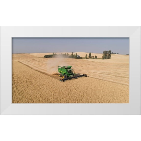 Probst, Greg 14x10 White Modern Wood Framed Museum Art Print Titled - Aerial view of a John Deere combine cutting wheat on a sunny afternoon-Spokane County